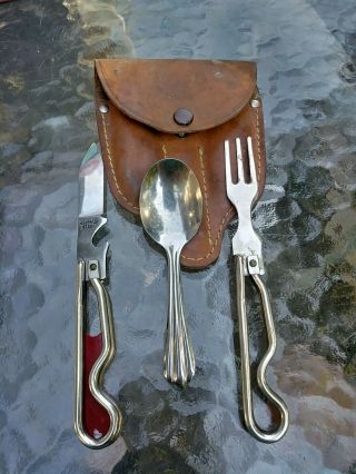 Boy Scouts Vintage Utensil Fork Knife Spoon Set W/ Case Stainless Case Camp