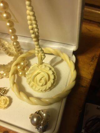 Vintage Hand Carved Bovine Bone Necklaces With Rose Flower Pendant And Pearls