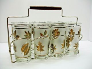 Set Of 8 Vintage Mid Century Glasses With Carrier,  Libbey,  Silver Foilage