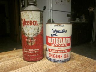 2 Outboard Motor Oil Can Cans Veedol & Columbia Metal Old Vintage