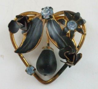 Pretty Vintage Austria Heart Flower Pin Brooch W/blue Rhinestones Black Enamel
