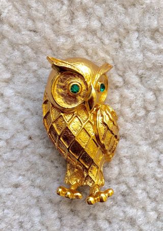 Vintage Owl Brooch Pin With Green Rhinestone Eyes