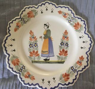 Vintage Blue/ Yellow Breton Woman Henriot Quimper France Scalloped Plate Signed