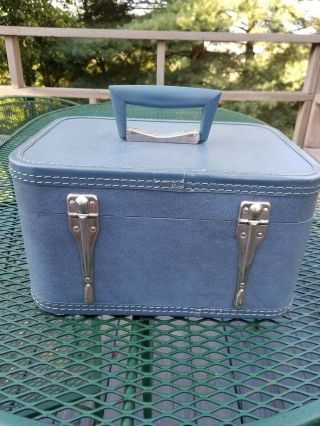 Vintage 1950 ' s Blue Monarch Train Case Suitcase Cosmetic Luggage with Mirror 6