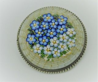 Vintage Alp Alpaca Micro Mosaic Round Floral Brooch Pin