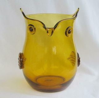 Vintage Blenko Art Glass Amber Owl Vase