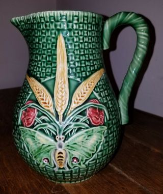 Vintage Majolica Bordallo Dragonfly Green Pitcher,  Made In Portugal