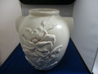 Vintage Red Wing Large Art Pottery Urn Vase White With Raised Magnolia Flower