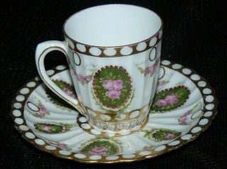 Vintage Decorative Demitasse Cup And Saucer Set Pink Roses Cameos Gold Accents