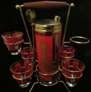 Vintage Glass Cocktail Shaker Set Includes Shaker,  Spoon,  5 Glasses And Stand