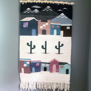 Vintage Hand Woven Wool Wall Hanging Tapestry Southwest Design Folk Art Cactus