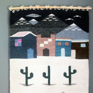Vintage Hand Woven Wool Wall Hanging Tapestry Southwest Design Folk Art Cactus 2