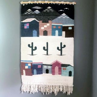 Vintage Hand Woven Wool Wall Hanging Tapestry Southwest Design Folk Art Cactus 3