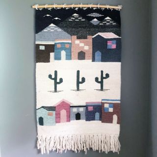 Vintage Hand Woven Wool Wall Hanging Tapestry Southwest Design Folk Art Cactus 6