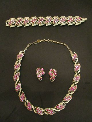 Vintage Coro Goldtone Red Aurora Borealis Necklace,  Bracelet,  Clip Earrings.