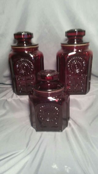 (3) Vintage Wheaton N.  J.  Glass Co.  Ruby Sunflower Canisters W/lids 9.  5 " & 7.  5 "