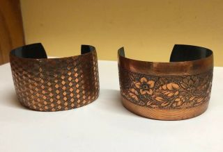 2 Vintage 1.  5 " Wide Copper Embossed Cuff Bracelets