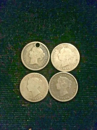 Four Different Vintage Canada Silver 5 Cents,  Queen Victoria