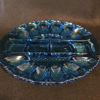Vintage Blue Round Glass Deviled Egg Plate / Relish Dish Indiana Glass Co.
