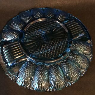 VINTAGE BLUE ROUND GLASS DEVILED EGG PLATE / RELISH DISH INDIANA GLASS CO. 3