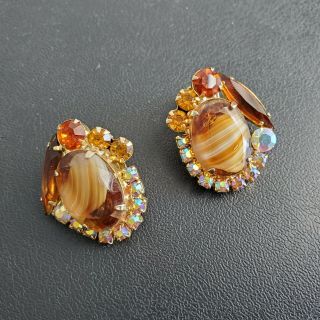 D&e Juliana Vintage Caramel Art Glass Amber Ab Rhinestone Clip Earrings O3
