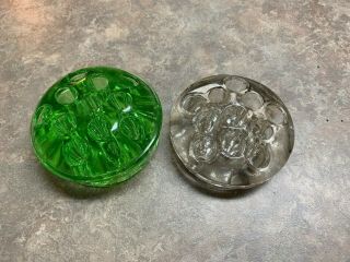 Vintage Domed 3 " Glass Flower Frogs: 1 Clear And 1 Green - 11 Holes