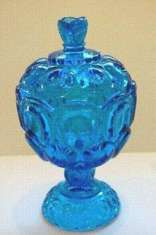 Vintage L.  E.  Smith 8 " Tall Blue Glass Compote Candy Dish W/lid Moon And Stars