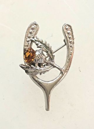 Vintage Scottish Celtic Thistle Brooch Pin Wishbone Amber Rhinestone St 1 - 1/2 "