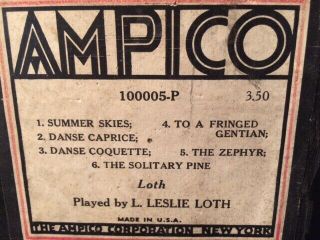 Ampico Jumbo Vintage Piano Roll 100005 - P,  Loth,  Summer Skies,  5 More.