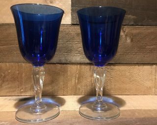 Vintage Glass /crystal Wine Water Cobalt Blue Bell Goblets Glasses Clear Stem