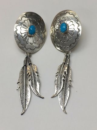 Vintage Navajo Sleeping Beauty Turquoise Earring With Silver Feathers Signed J