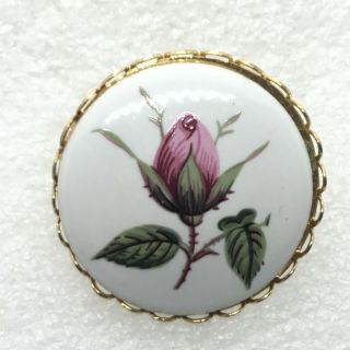 Vintage Rose Bud Brooch Pin Round Porcelain Flower Gold Tone Costume Jewelry