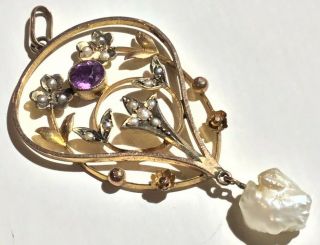 Vintage 9ct Gold Pendant With Amethest And Pearls