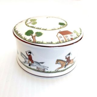 Coalport Hunting Scene Round Trinket Box with Lid Vintage 1980 ' s 1st Quality Eng 2