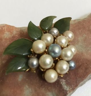 Vintage Swoboda Pearl & Jade Flower Brooch Pin