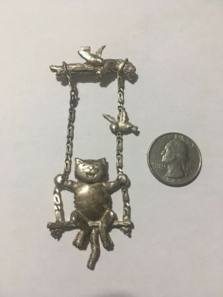 Vintage Sterling Silver Brooch Cat On Tree Swing With Birds - Large 4” 19.  7g