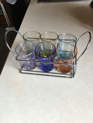 Vintage Shot Glasses With Caddy Multi Color Set Of 6 Mid Century