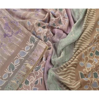 Sanskriti Vintage Purple Saree 100 Pure Silk Printed Craft 5 Yard Fabric Sari