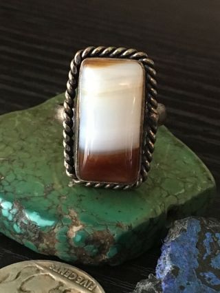 Vintage Native American Striped Brown Agate Sterling Silver Ring Size 7