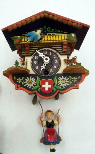 Vintage Black Forest Chalet Swiss Small Clock With Girl In A Swing