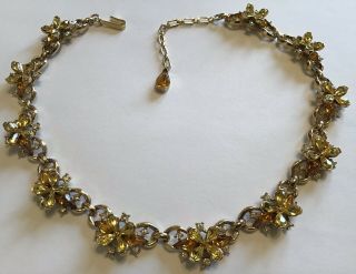 Vintage Crown Trifari Signed Yellow Gold And Clear Rhinestone Necklace