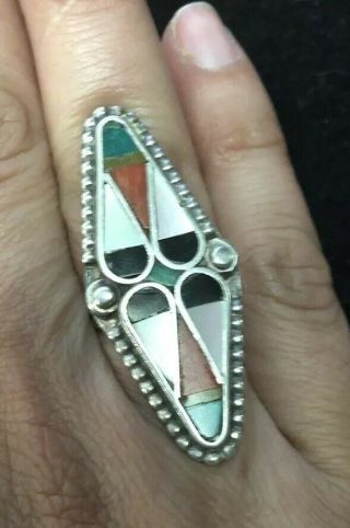 Vintage Navajo Sterling Silver Ring Turquoise Coral Mother Of Pearl Size 7