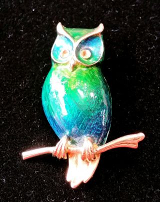 Boucher Gold Green Enamel Owl On Tree Branch Pin Brooch Vintage Jewelry