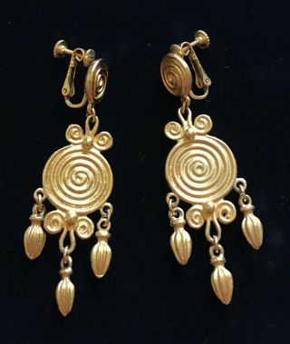 Vintage Inspired Gold Tone Ornate Dangle Clip On Earrings 2 3/4 " M008