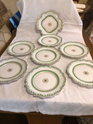 Vintage Set Hand Painted Green And Gold Gilded 7 Plates & 1 Platter