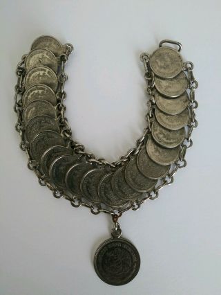 Vintage Coin Silver.  720 Mexican Centavos Coin Bracelet With 1 - 20 Centavos 44.  1g