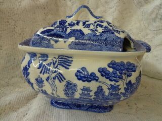 Vintage Flo Blue Willow Footed Soup Tureen & Lid Ironstone China Mc