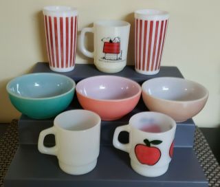 8 Vintage Fire King Anchor Hocking Snoopy,  Mugs,  Bowls,  & More