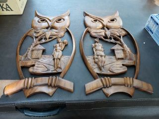 Unique Vtg Owl Wood Carved Plaque Sculpture Old Cabin Decor