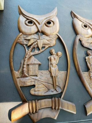 Unique Vtg OWL Wood Carved Plaque Sculpture old Cabin decor 3